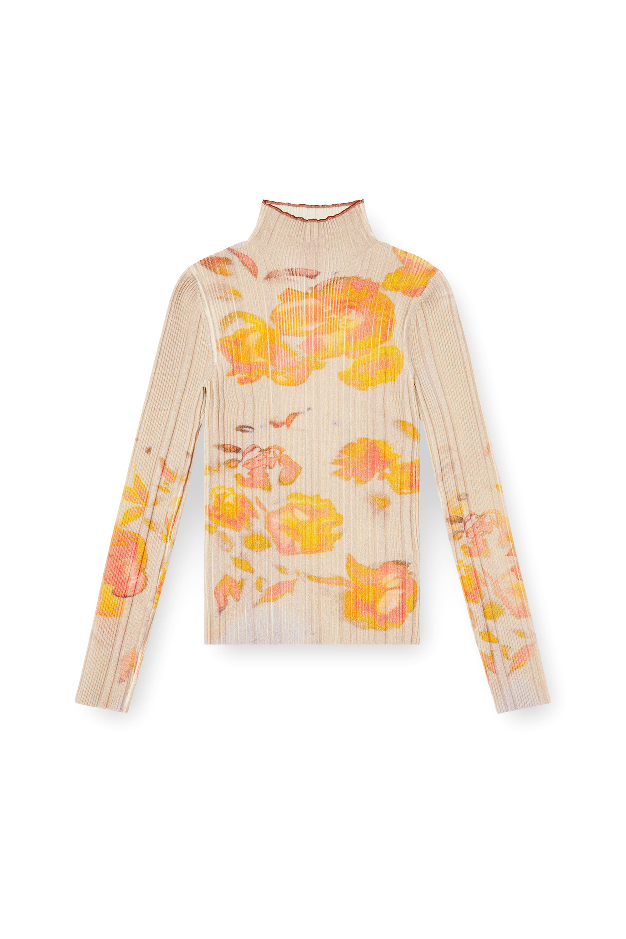 Diesel - M-IORIA, Woman's Ribbed wool turtleneck top with floral print in Yellow/Beige - 3