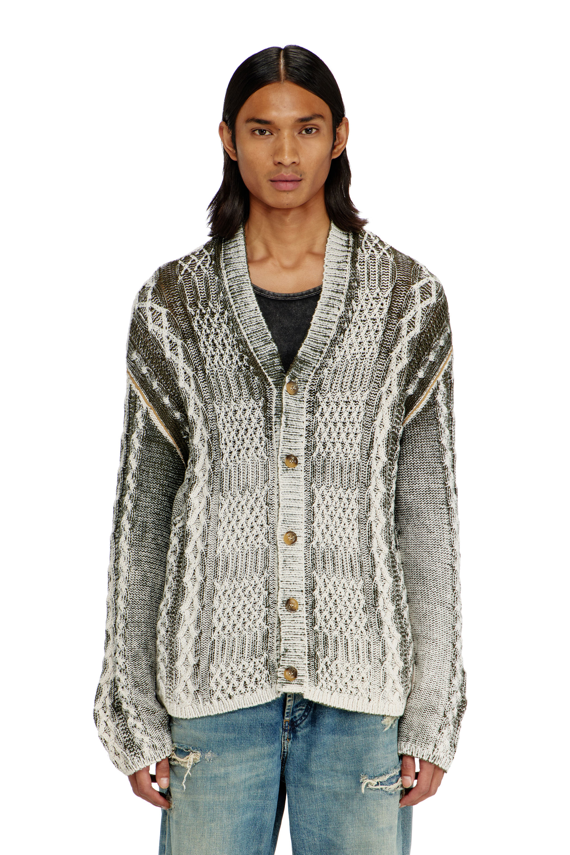 Diesel - K-MIOTO, Man's Treated cable-knit cardigan in White/Grey - 1