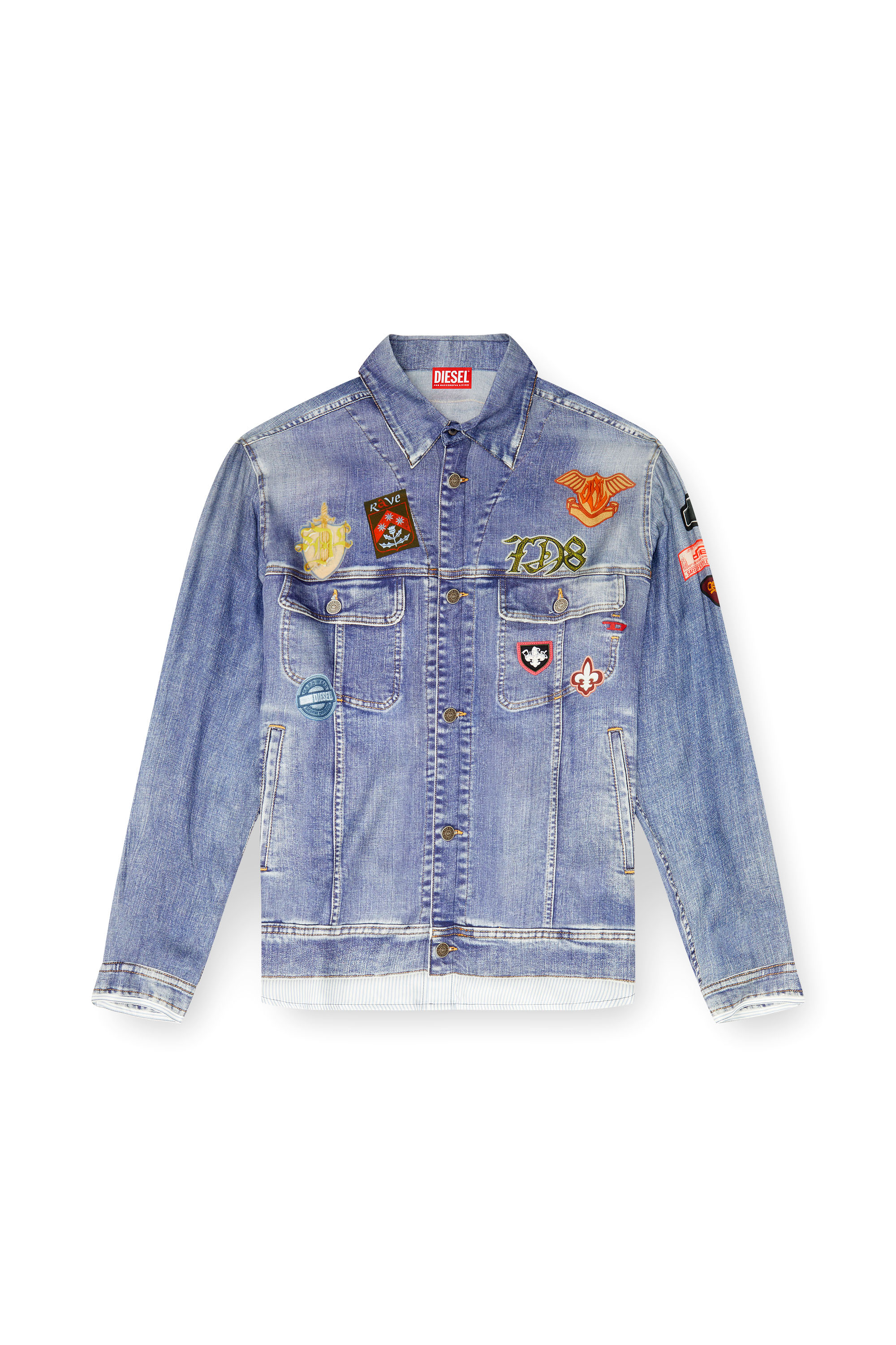 Diesel - S-SIMPLY-PATCH, Man's Satin shirt with trompe-l'oeil denim print in null - 3