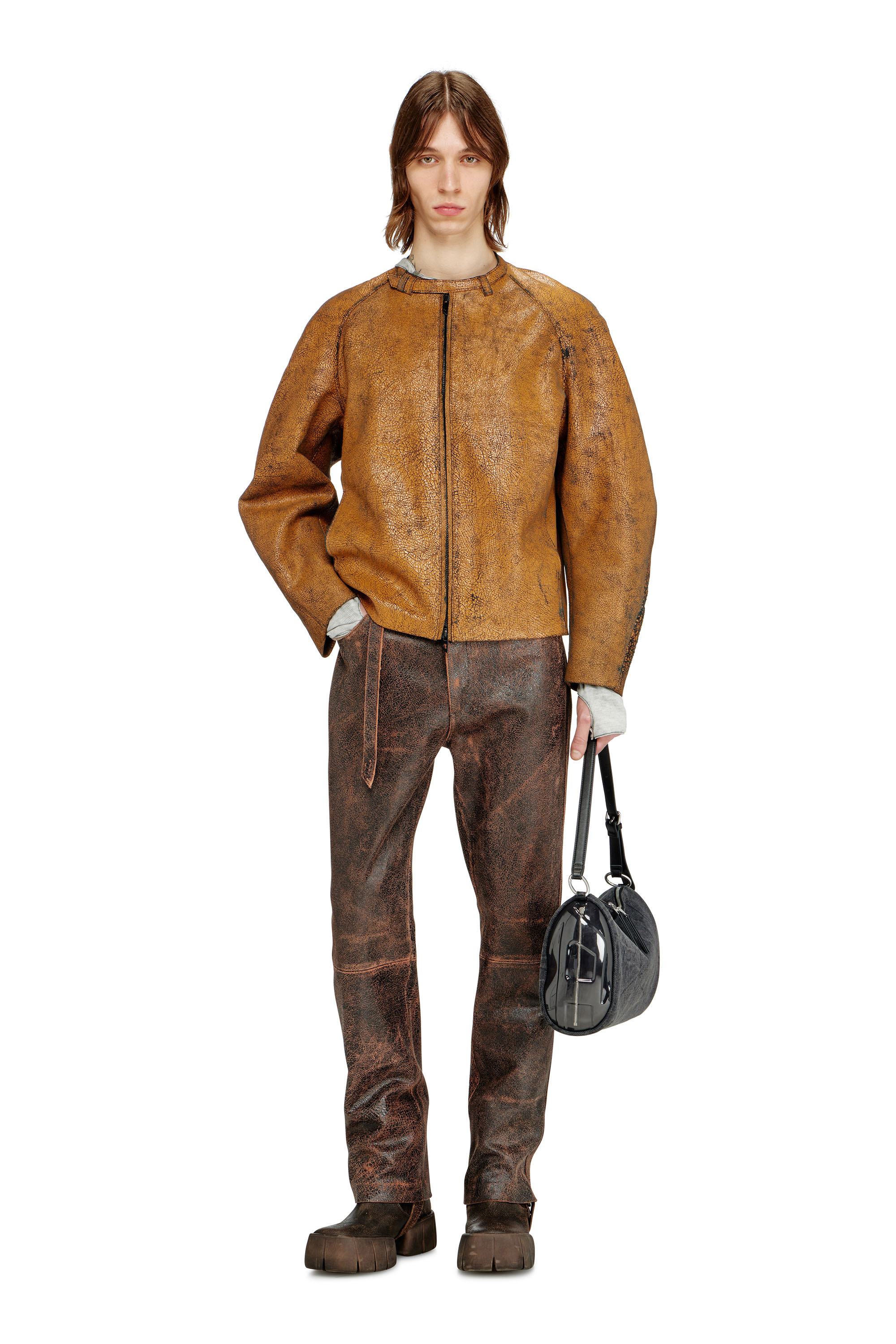 Diesel - L-NURI, Man's Cocoon-sleeve biker jacket in cracked leather in Brown - 1