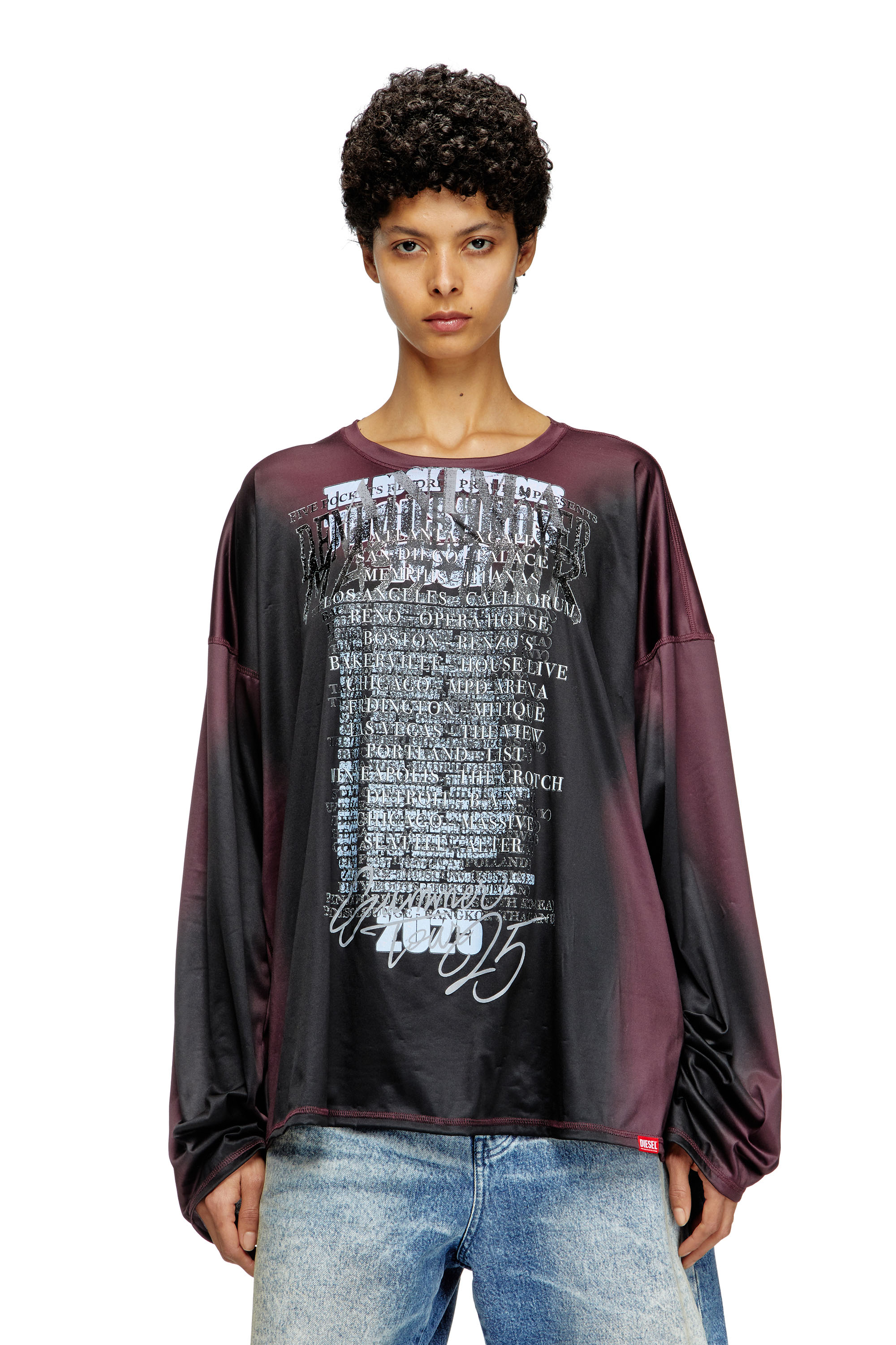 Diesel - T-OLAVI-AA, Unisex's Long-sleeve tech-jersey T-shirt with lyrics print in Black/Violet - 6