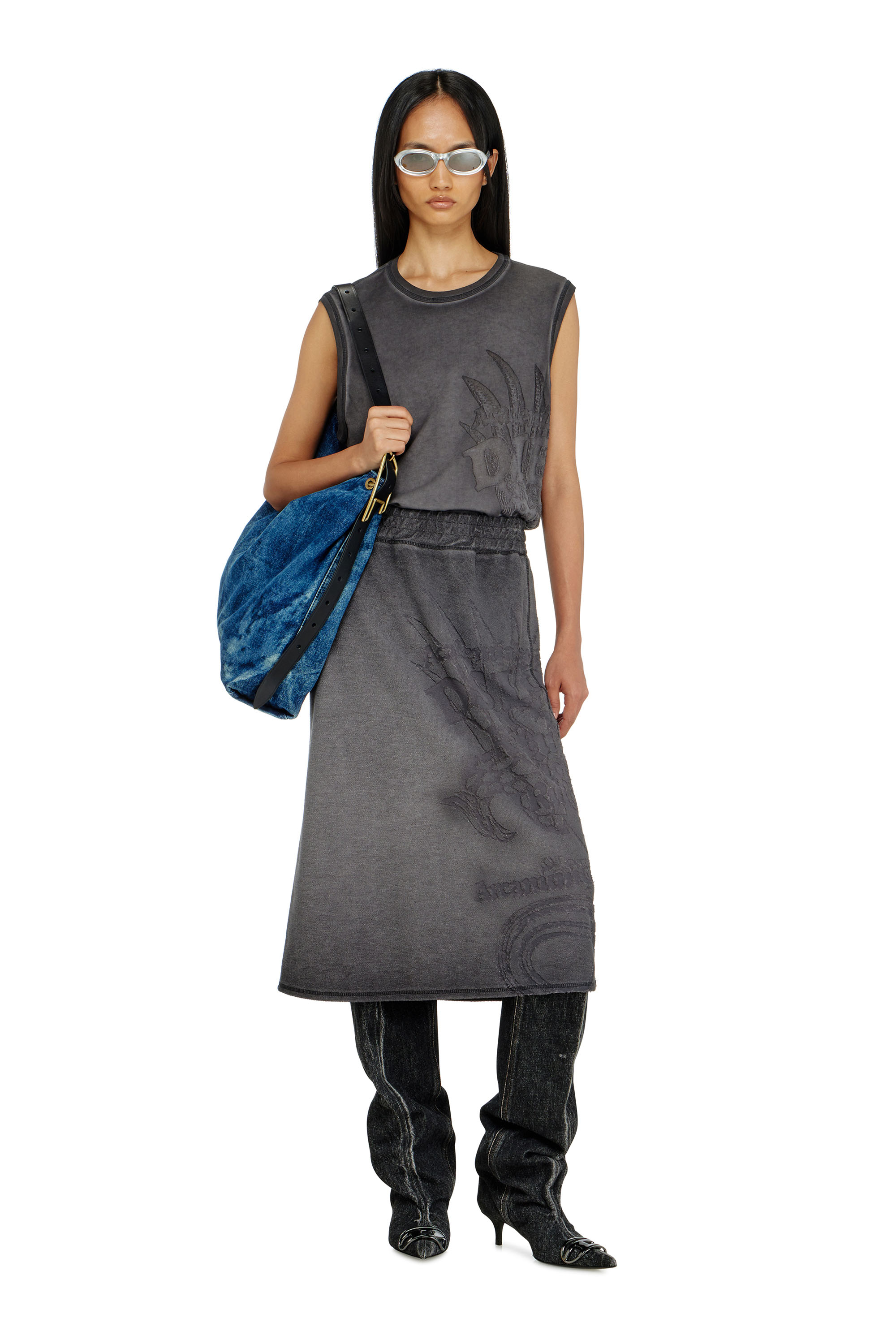 Diesel - O-BEAUTY, Woman's Fleece midi skirt with d&eacute;vor&eacute; print in Dark grey - 2