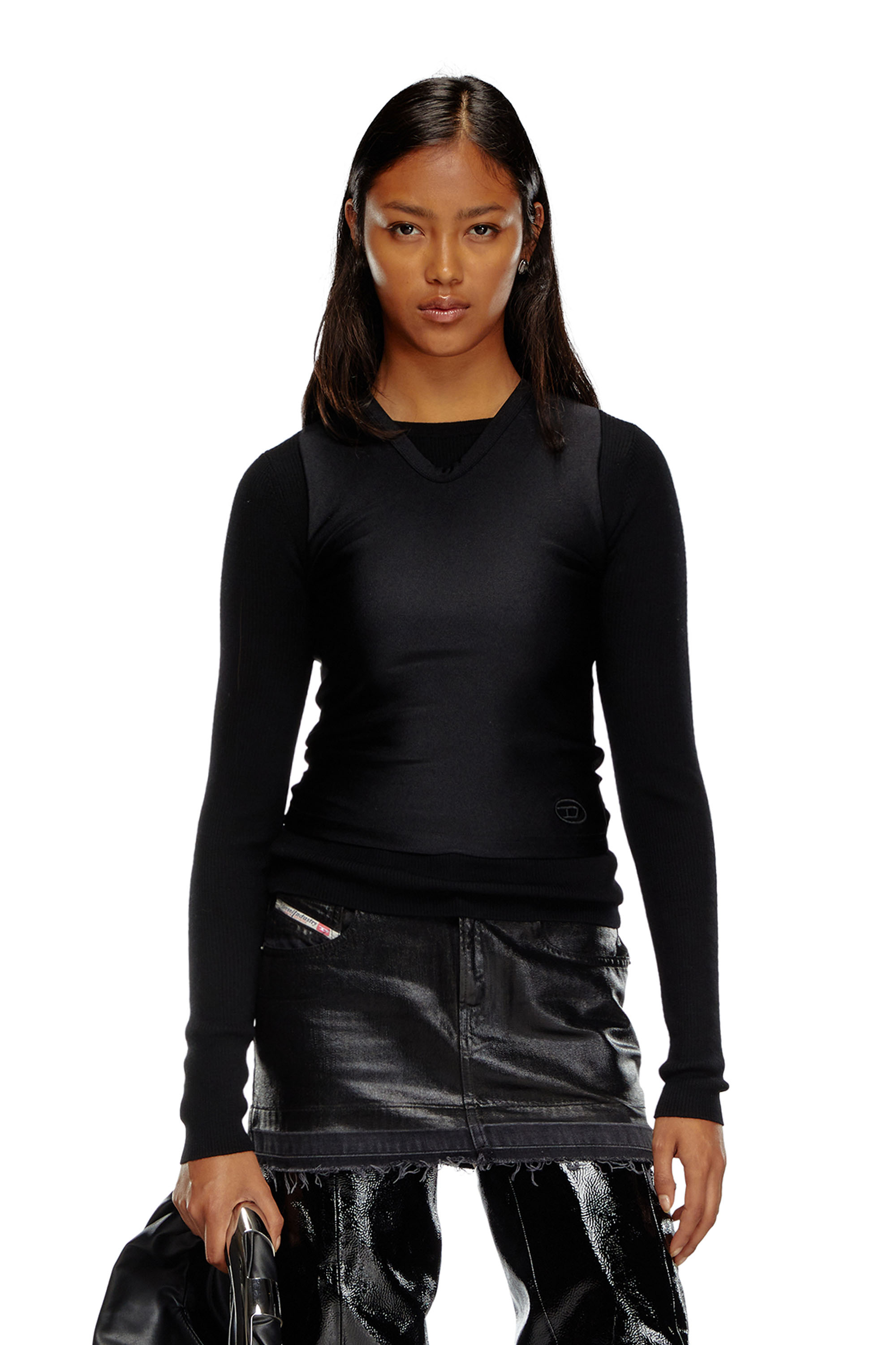 Diesel - M-ROSEL, Woman's Wool-knit top with tank overlay in Black - 1