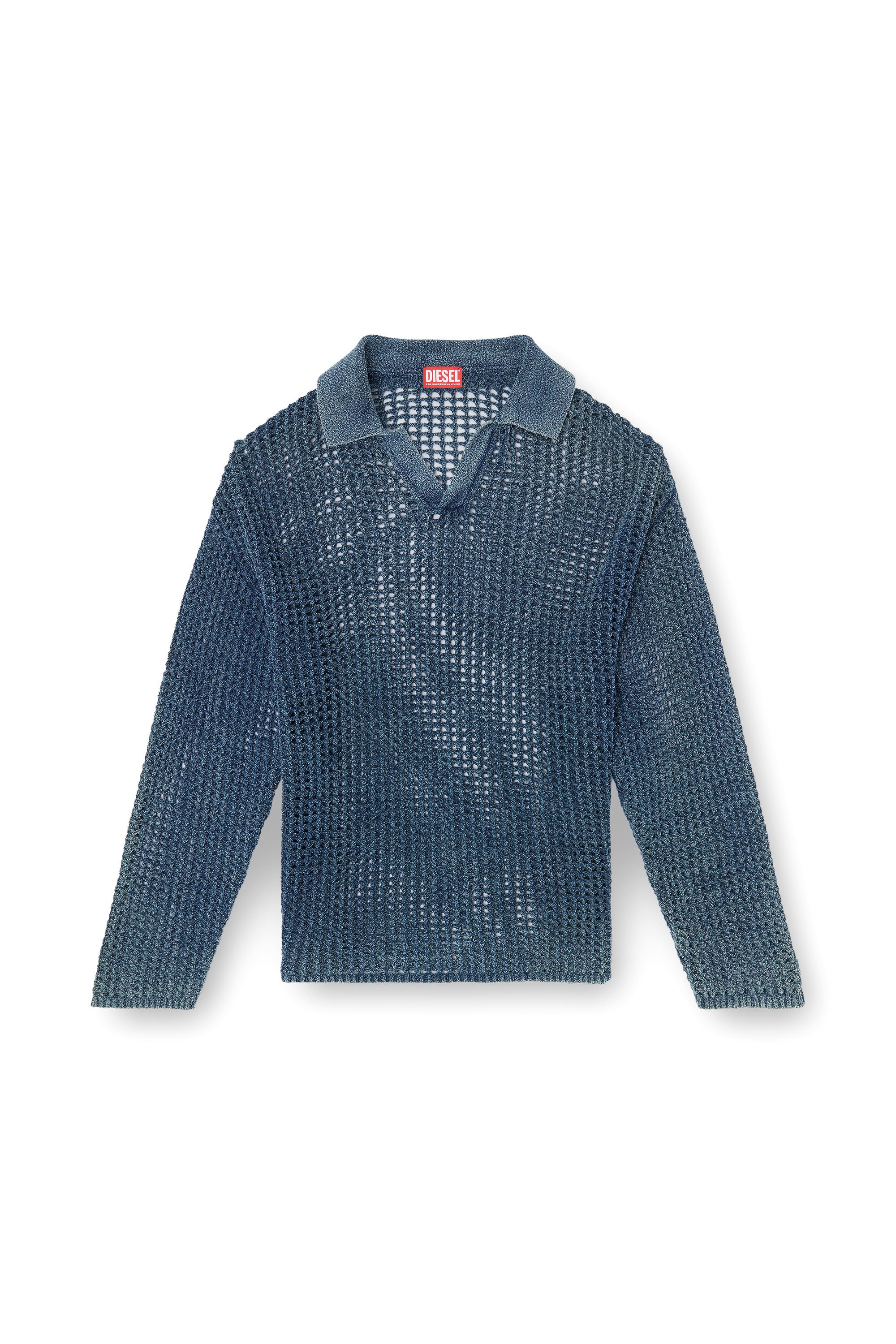 Diesel - K-SQUARED, Man's Open-knit polo jumper in denim yarn in Blue - 3