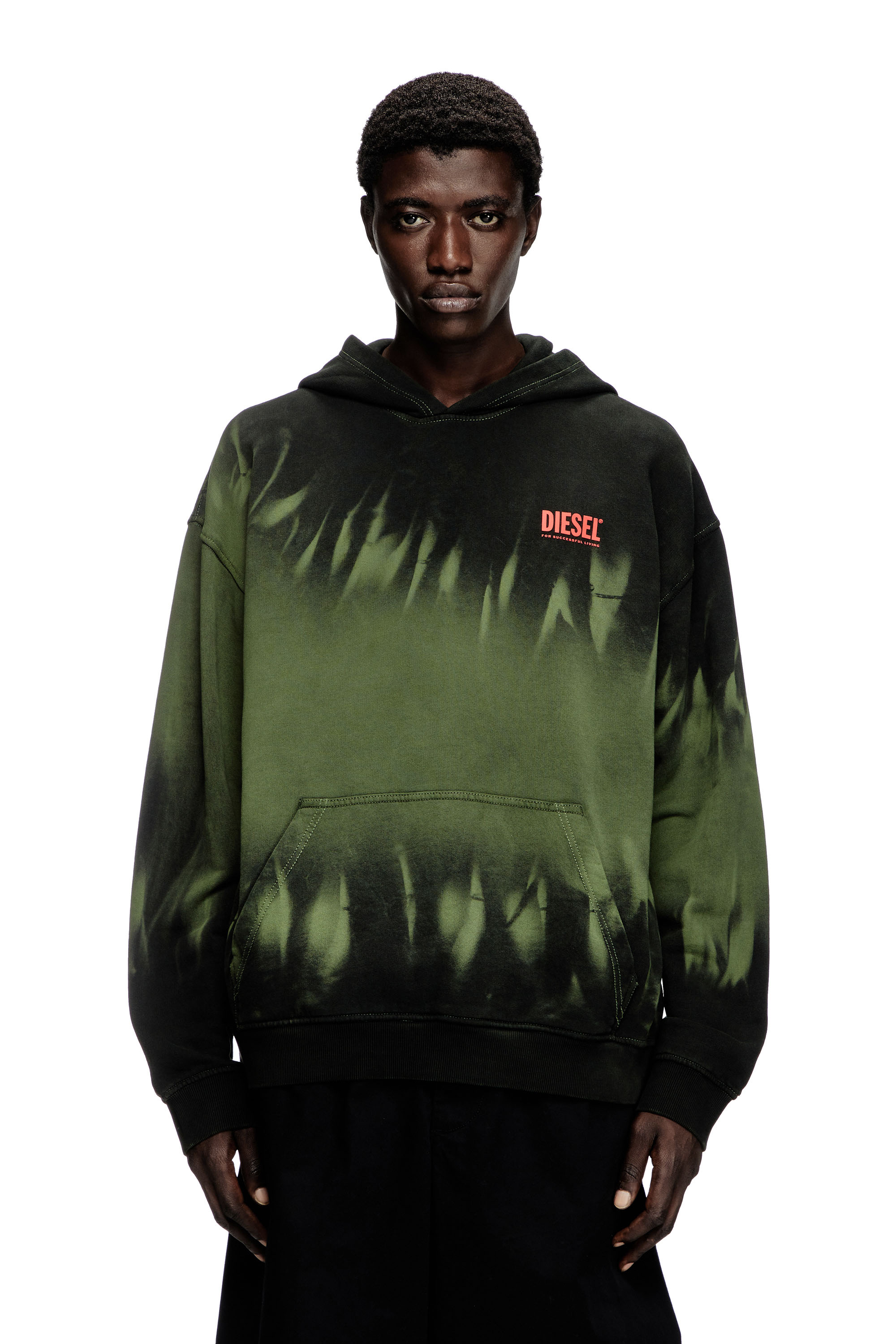 Diesel - S-BOXT-HOOD-R2, Man's Tie-dyed hoodie with logo print in Black/Green - 1