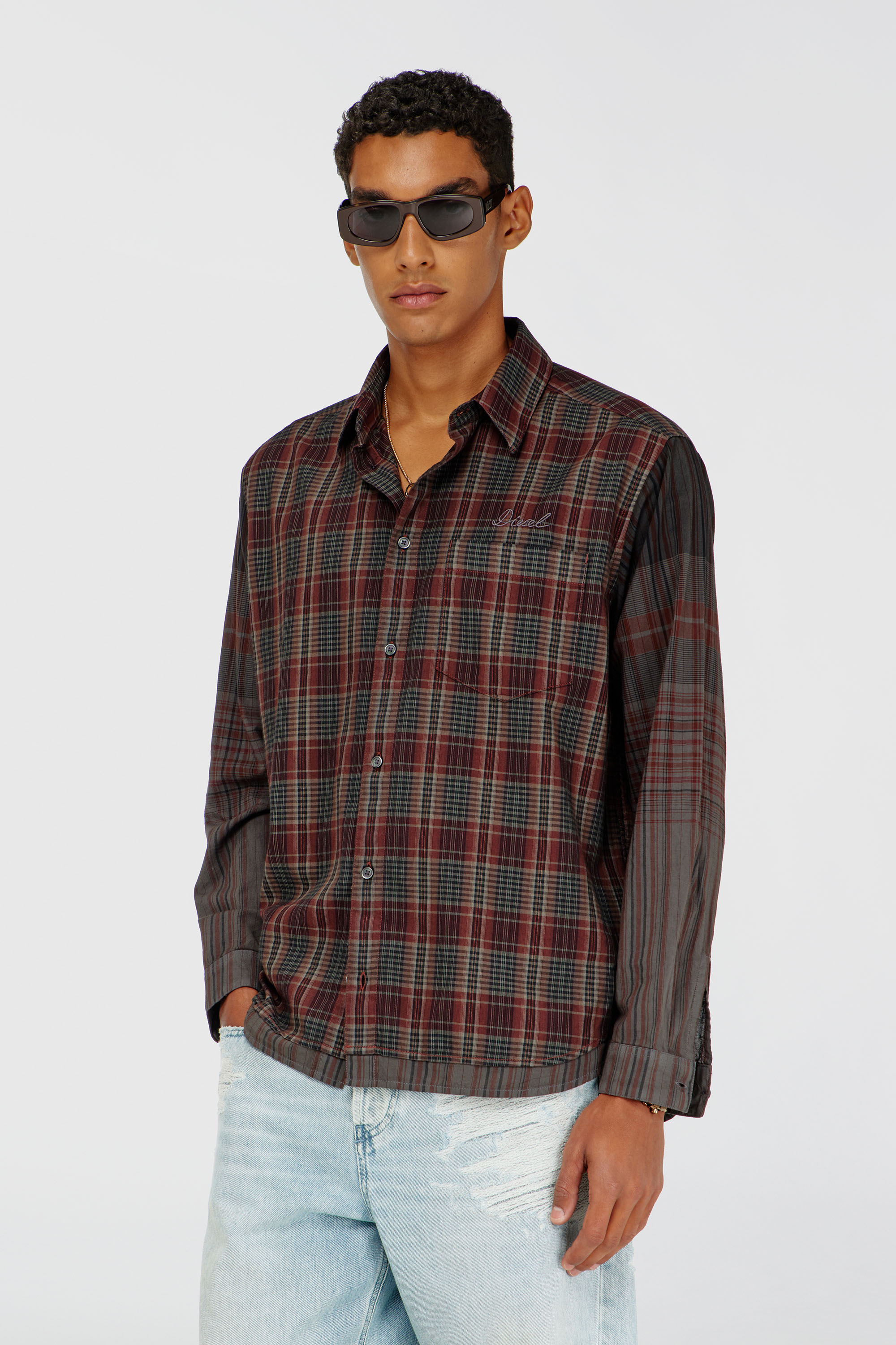 Diesel - S-TEN, Man's Shirt in metallic check flannel in Grey/Red - 1