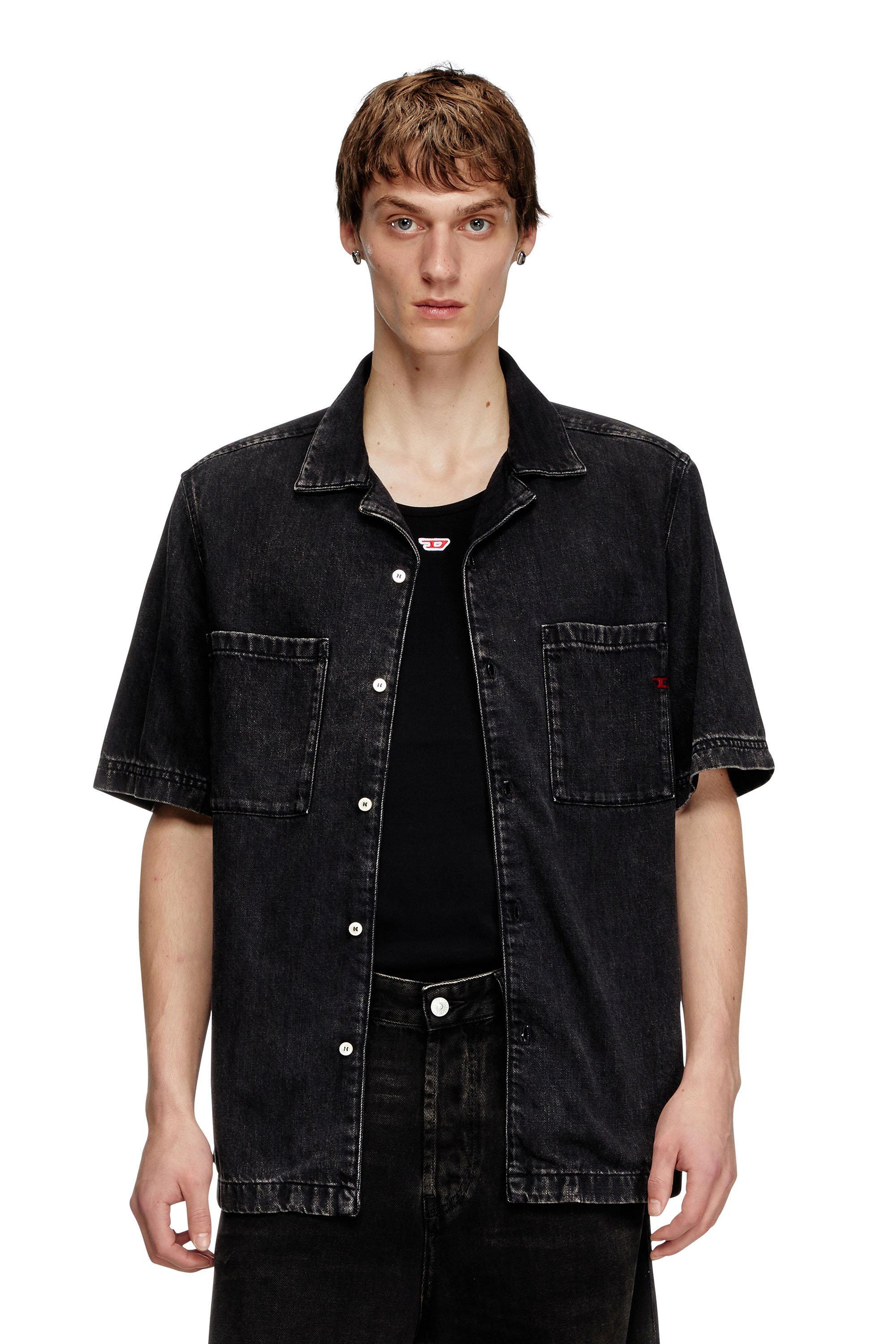 Diesel - D-PAROSHORT, Man's Bowling shirt in Tencel denim in Black - 1