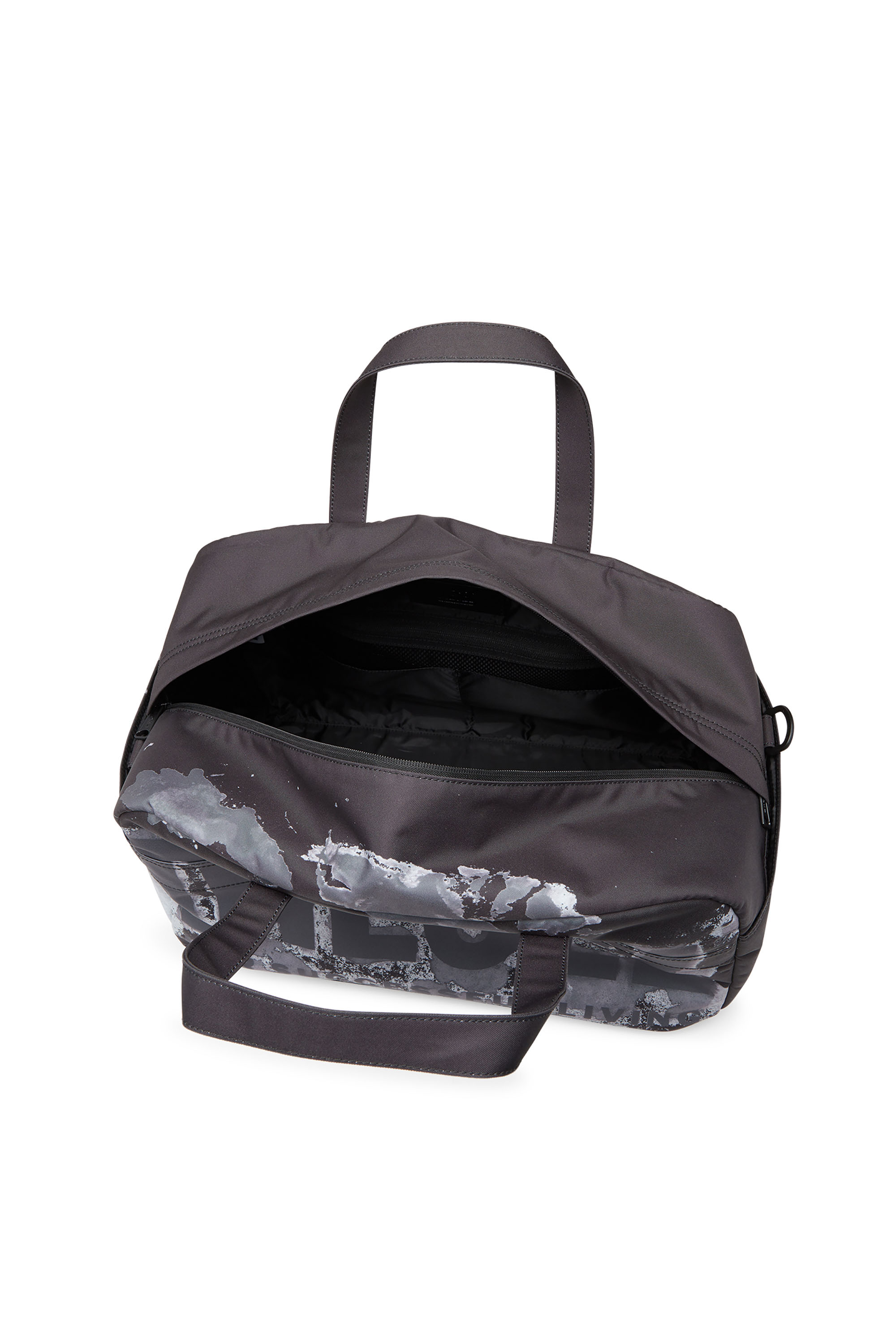 Diesel - RAVE DUFFLE L X, Man's Rave-Duffle bag with bleeding logo print in Black/Grey - 4