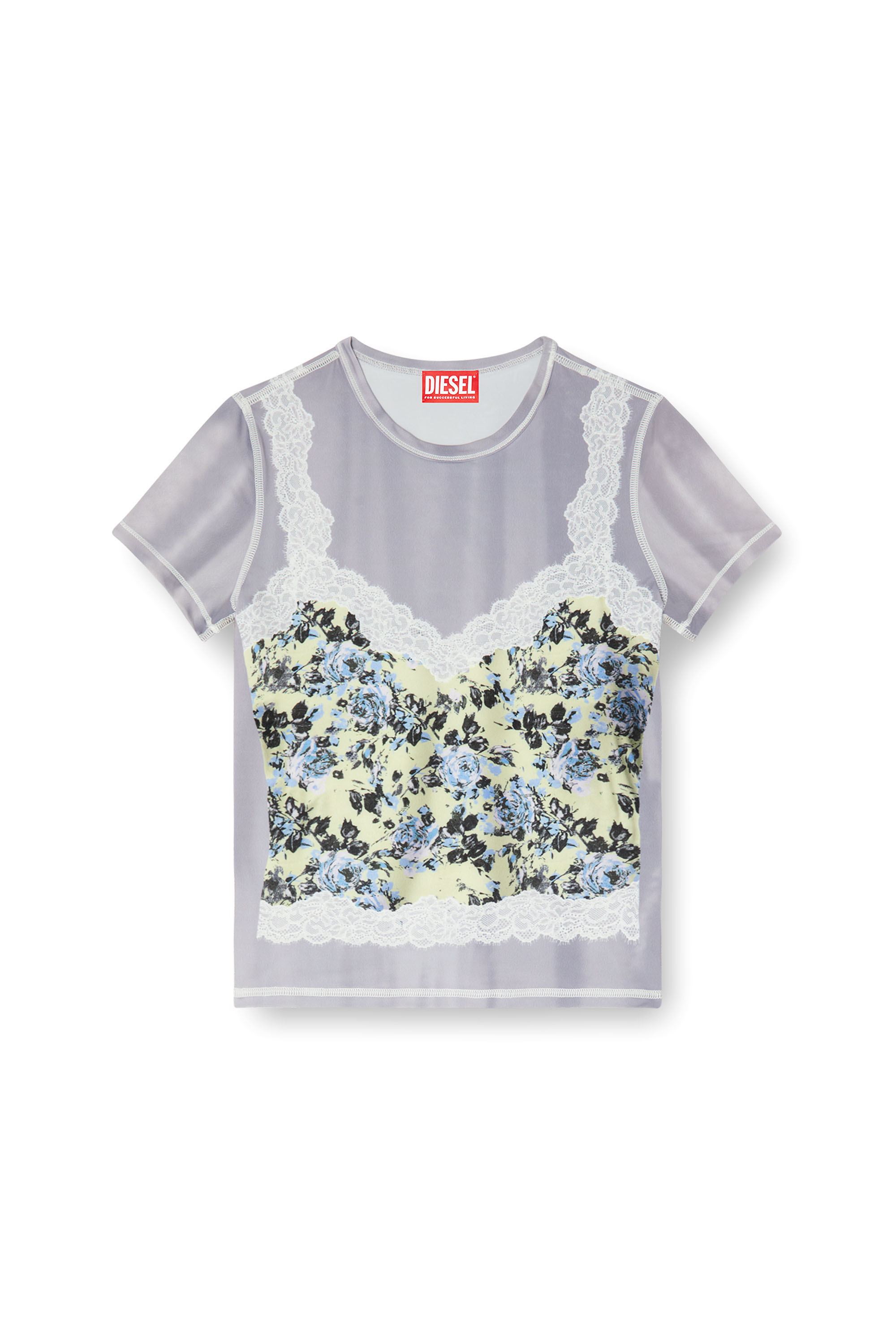 Diesel - T-ILENI, Woman's Stretch T-shirt with trompe l'oeil cami in Blue/Grey - 3