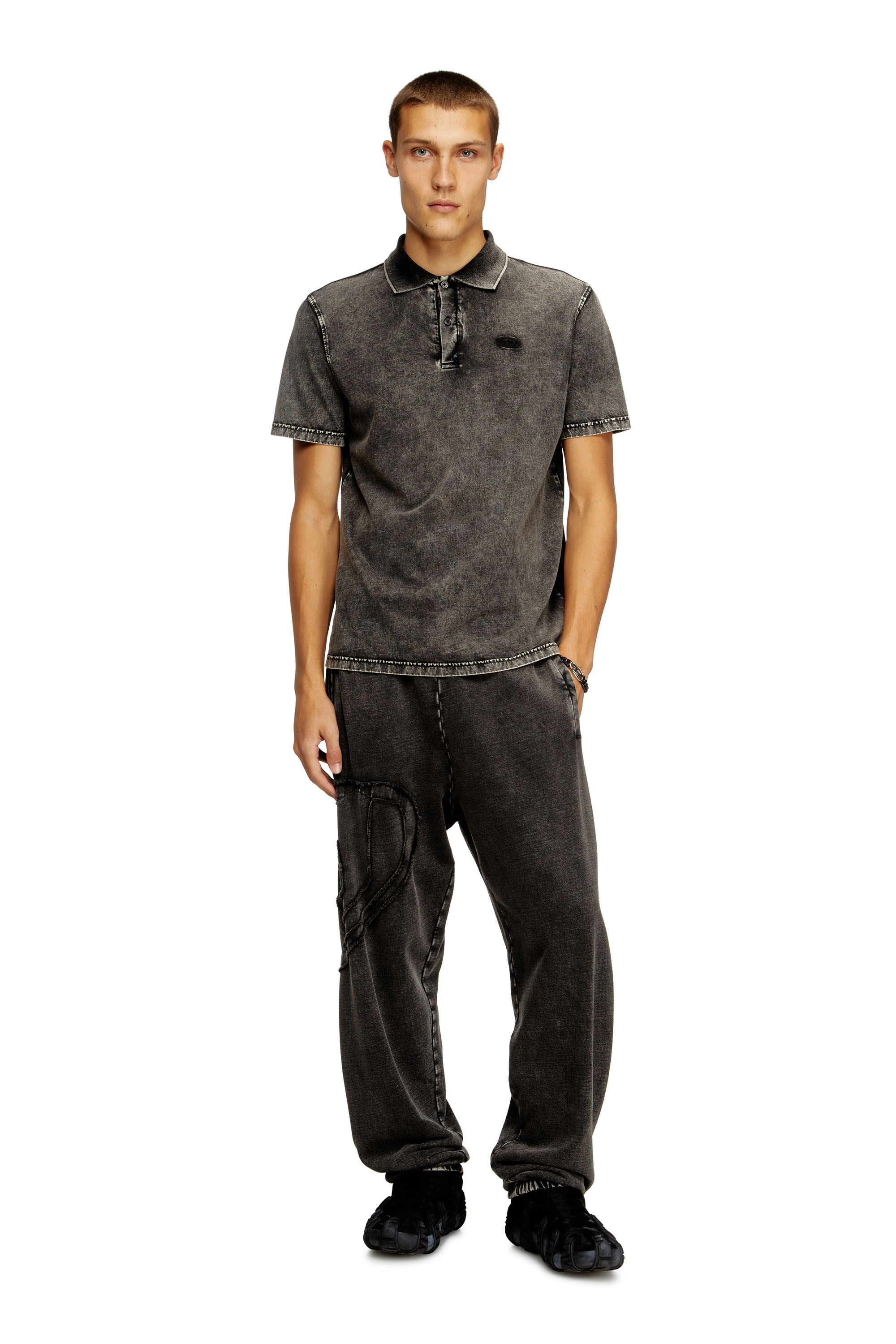 Diesel - T-REJUST-NC-DEN, Man's Polo shirt in denim-effect jersey in Dark grey - 1
