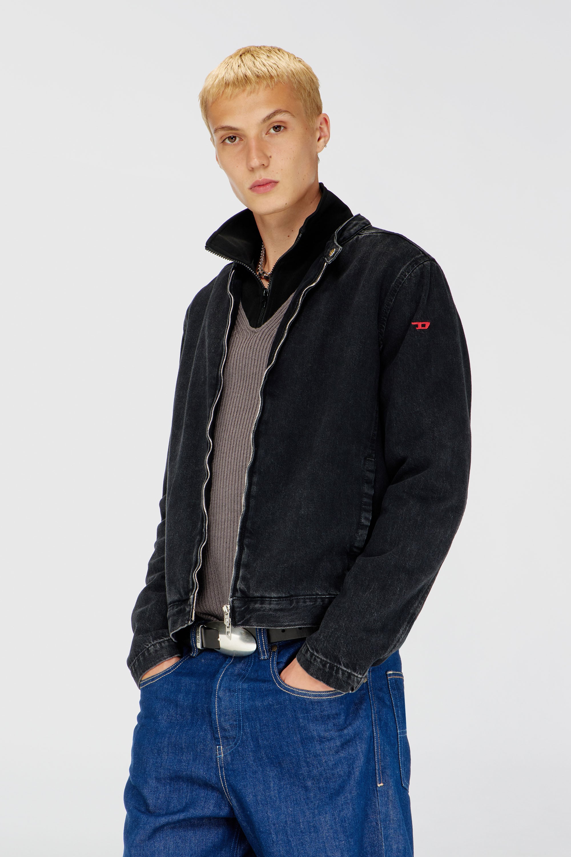 Diesel - D-GLORY, Man's Moto jacket in clean-wash denim in Black - 3