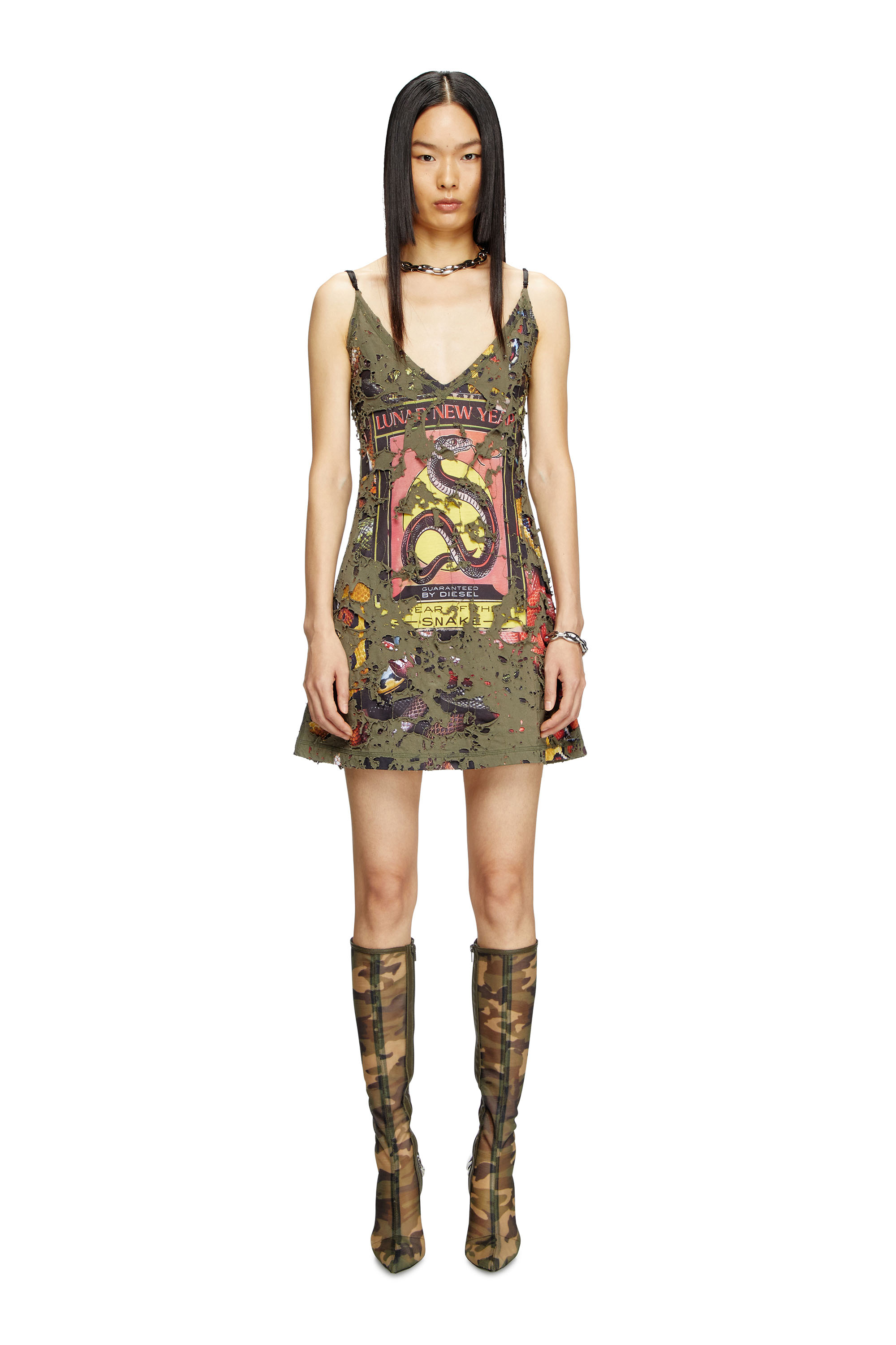 Diesel - CL-D-JENA-DEV-SNAKE, Woman's Destroyed snake-print slip dress in Olive Green - 3