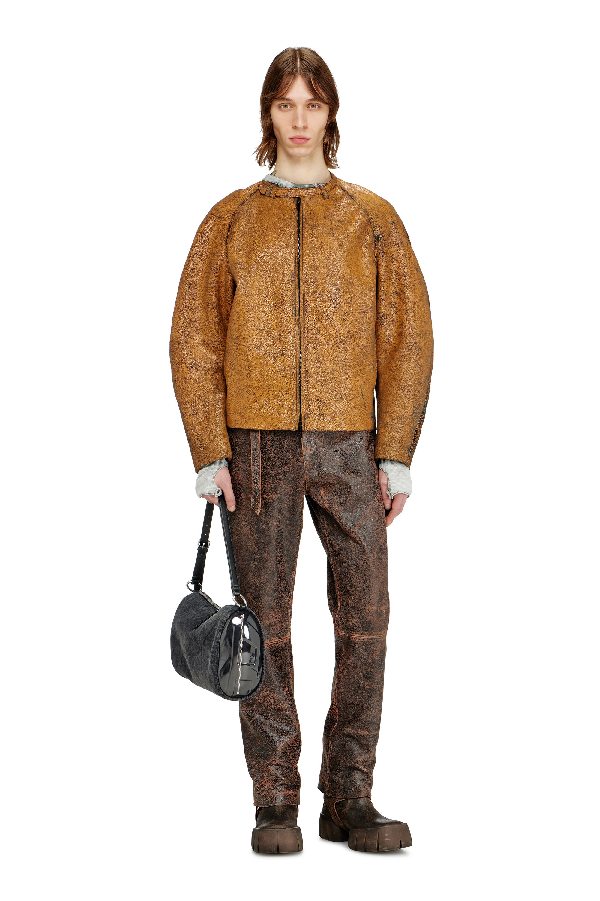 Diesel - P-NURI, Man's Cracked-leather pants with biker strap detail in Brown - 2