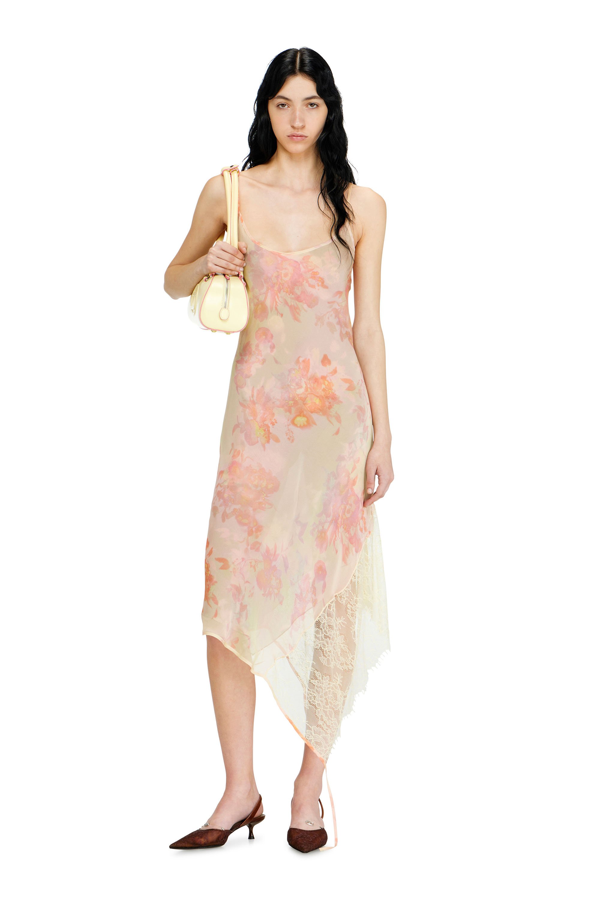 Diesel - D-ANCEL, Woman's Midi slip dress with floral print and lace trim in Pink/Yellow - 1