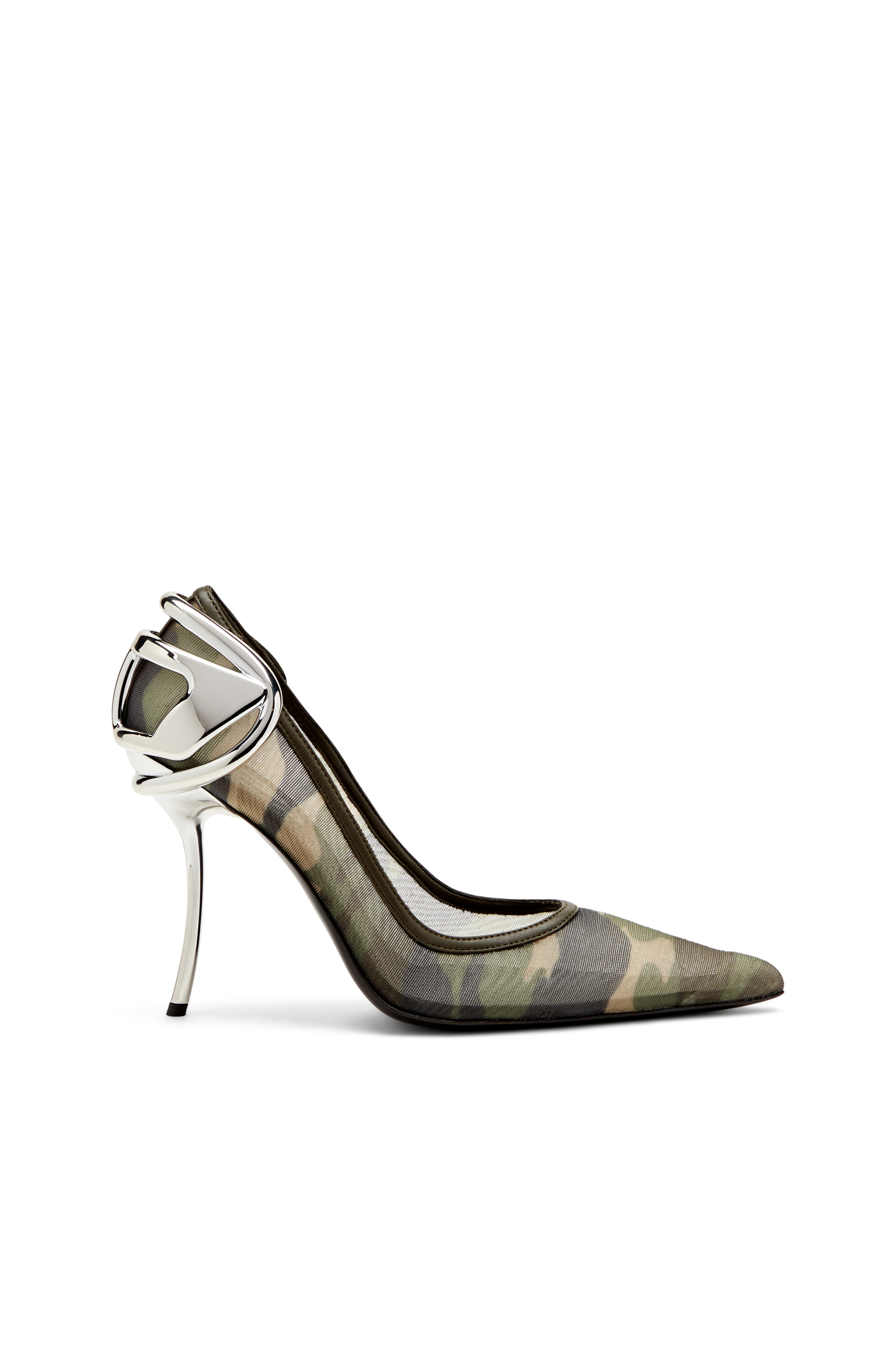 Diesel - D-TEN&HALF P, Woman's Camo-mesh pumps with curved heel in Military Green - 2