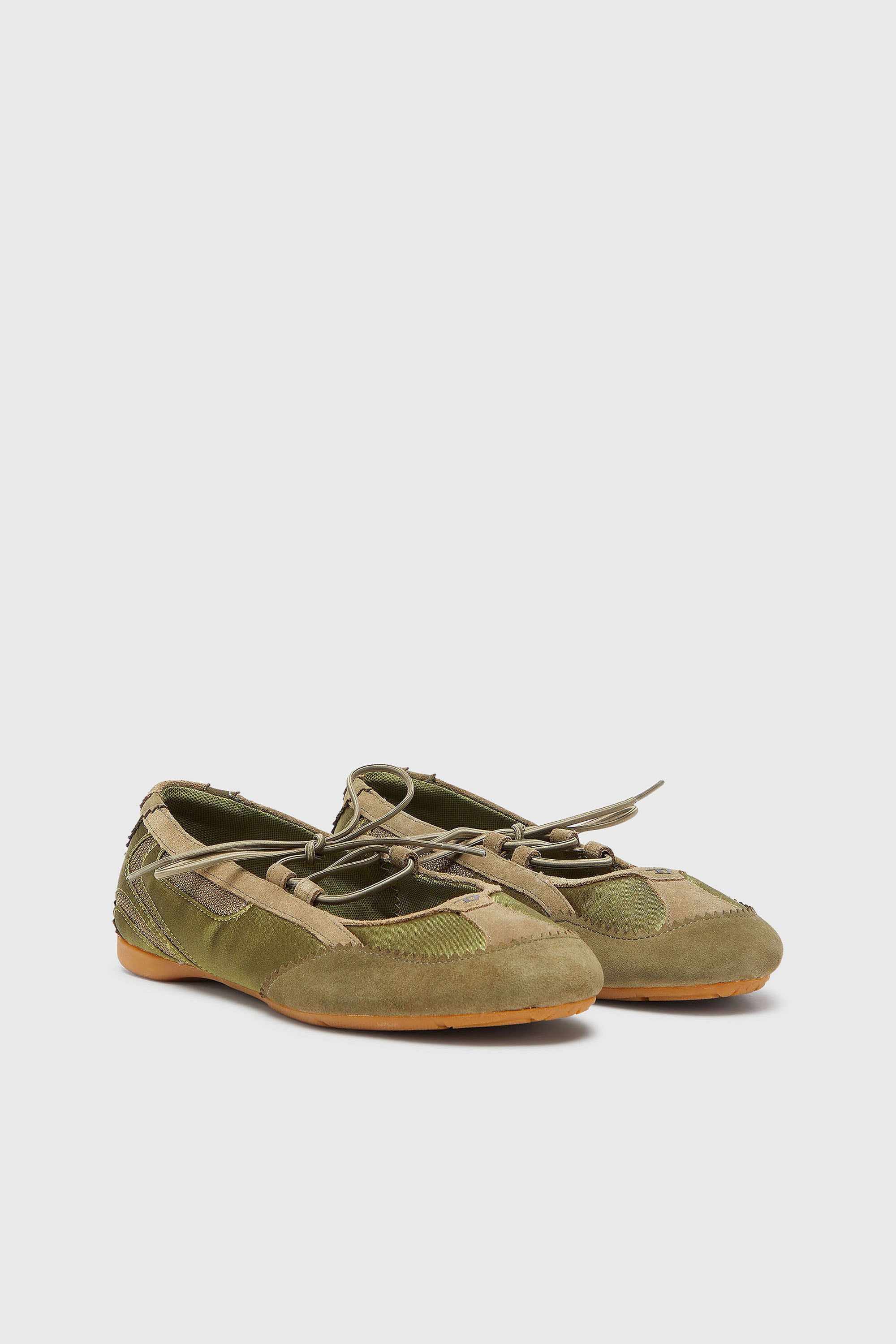 Diesel - D-MILE BALLERINA LACE UP II W, Woman's D-Mile - Lace-up ballerina flats in leather and mesh in Military Green - 2