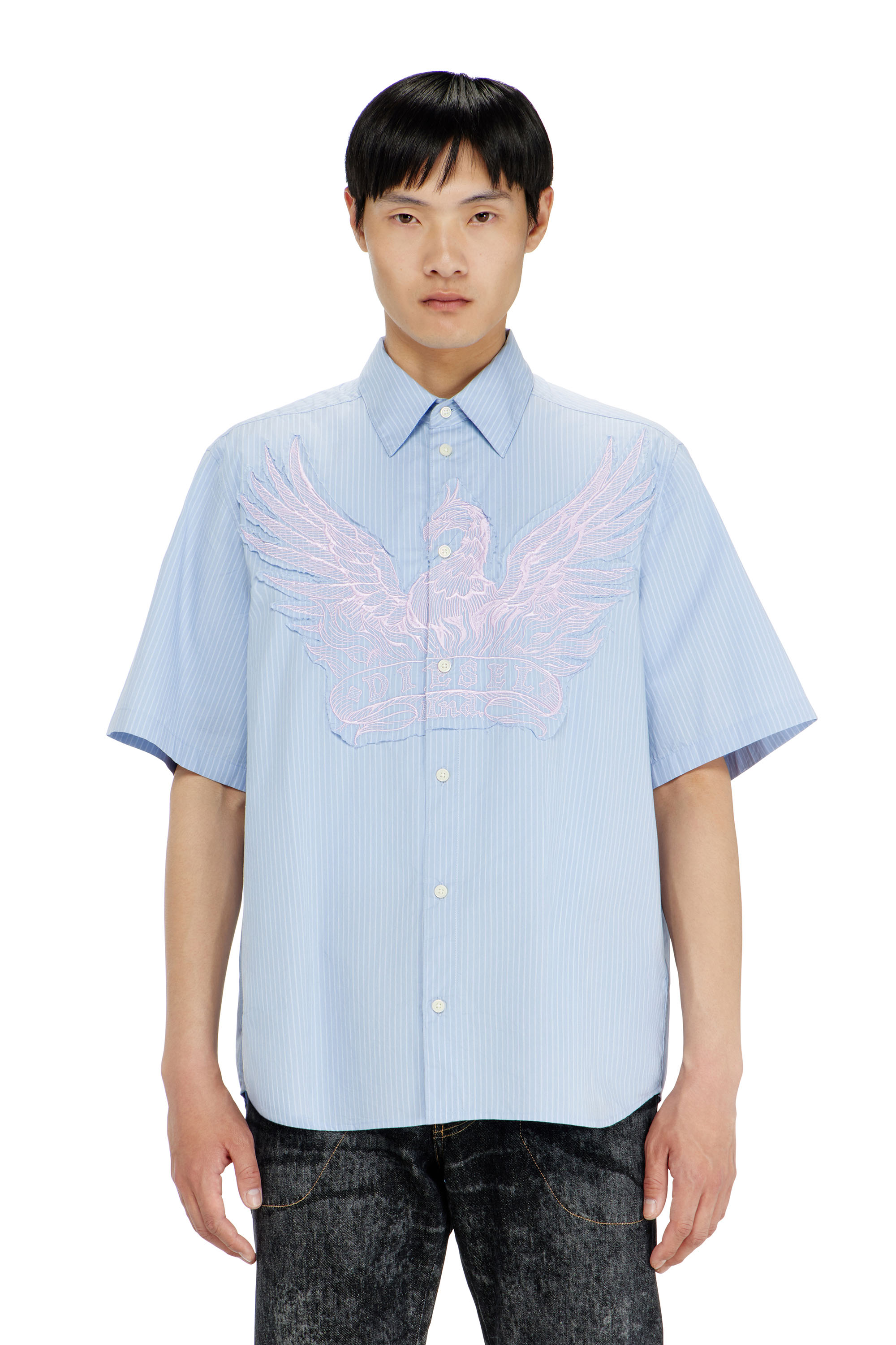 Diesel - S-SIMPLY-SS-AGCZ, Man's Striped poplin shirt with embroidered patch in Light Blue - 1