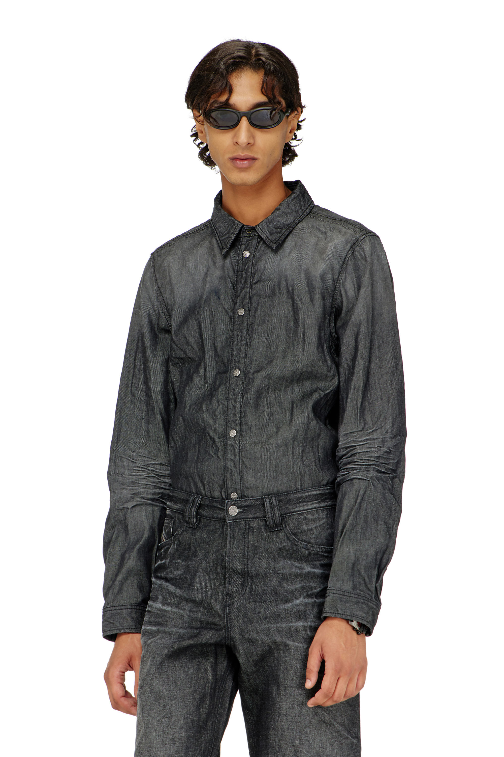 Diesel - D-SYNAR-FSJ2, Man's Shirt in creased denim in Black/Dark grey - 1