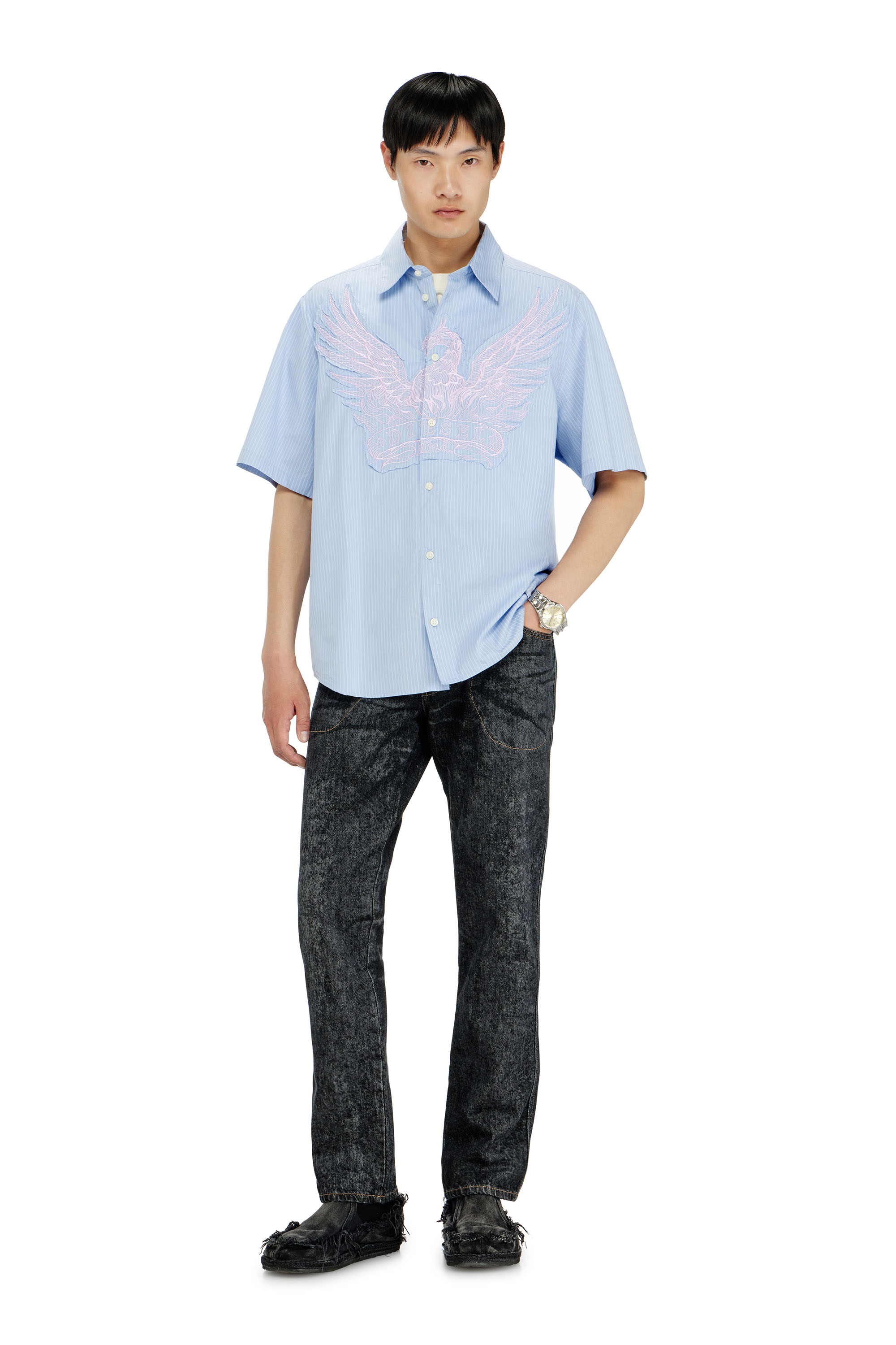 Diesel - S-SIMPLY-SS-AGCZ, Man's Striped poplin shirt with embroidered patch in Light Blue - 1