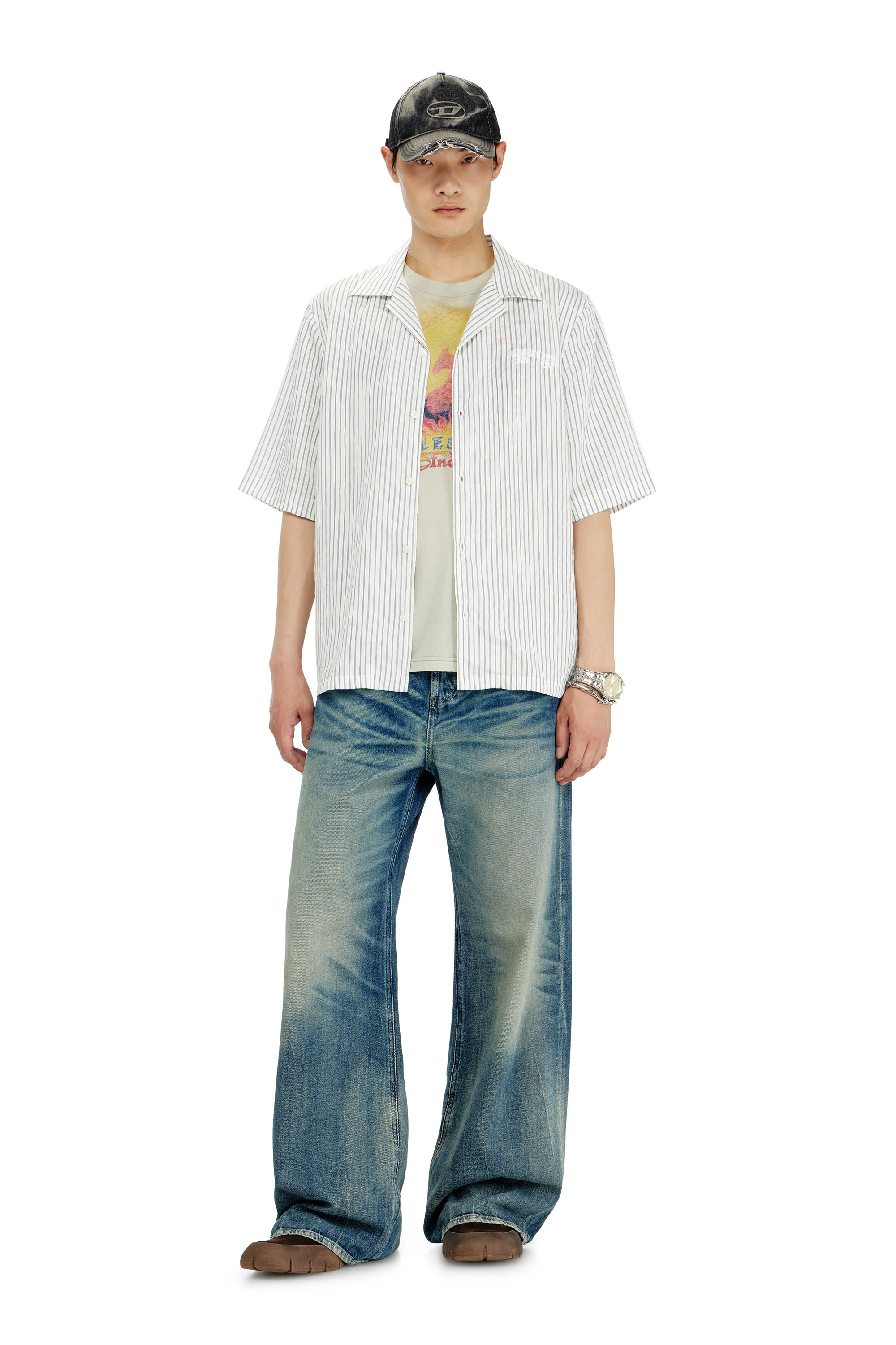 Diesel - S-MAC-EFBV, Man's Half-sleeve shirt in pinstripe modal in White/Grey - 2