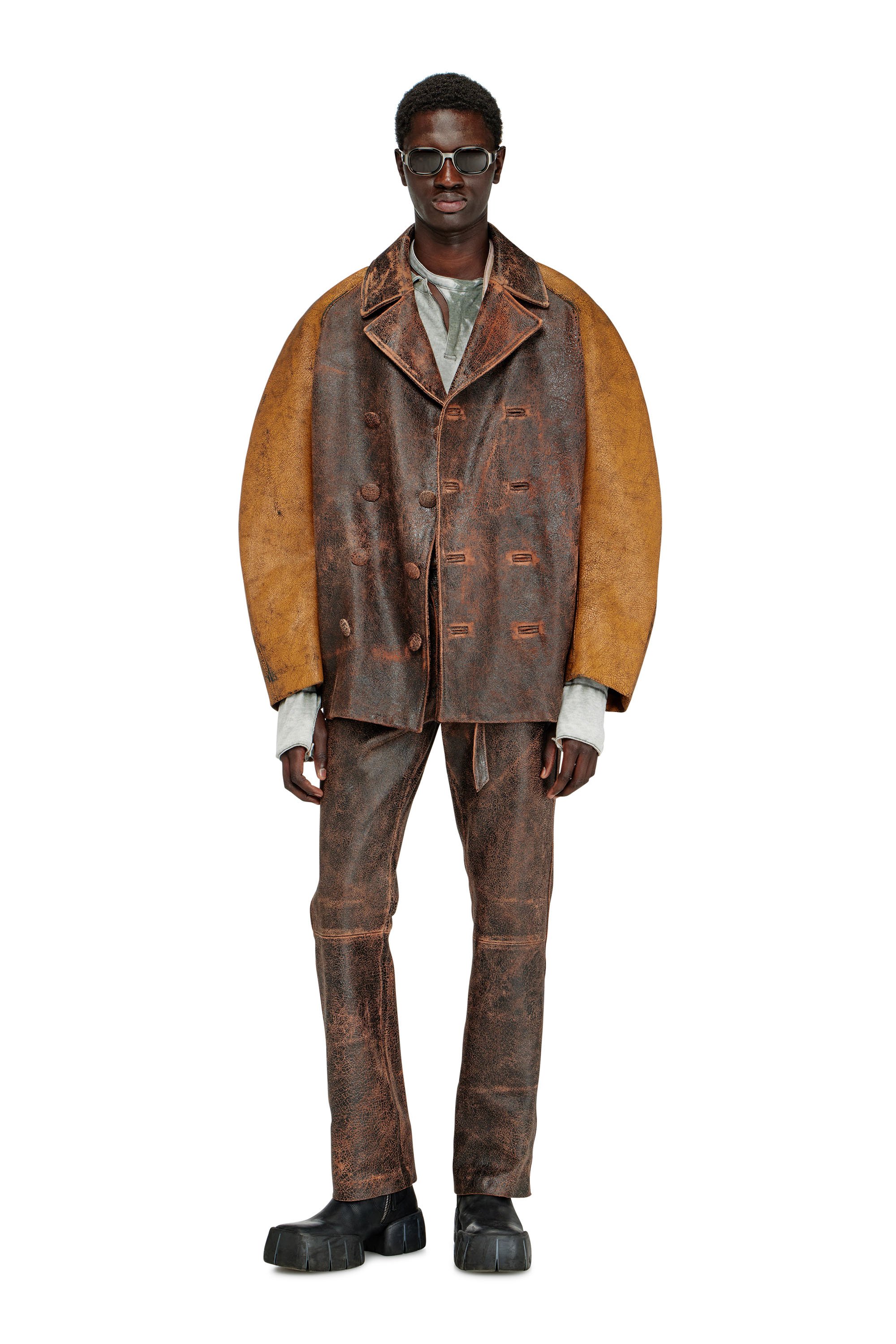 Diesel - L-NAHUN, Man's Cocoon peacoat in crackle leather in Brown - 1