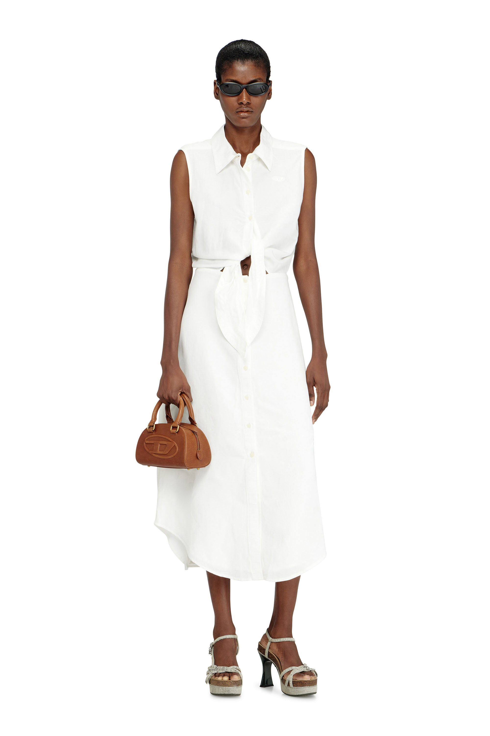 Diesel - D-ELTA-SL, Woman's Linen-blend midi dress with knot detail in White - 1