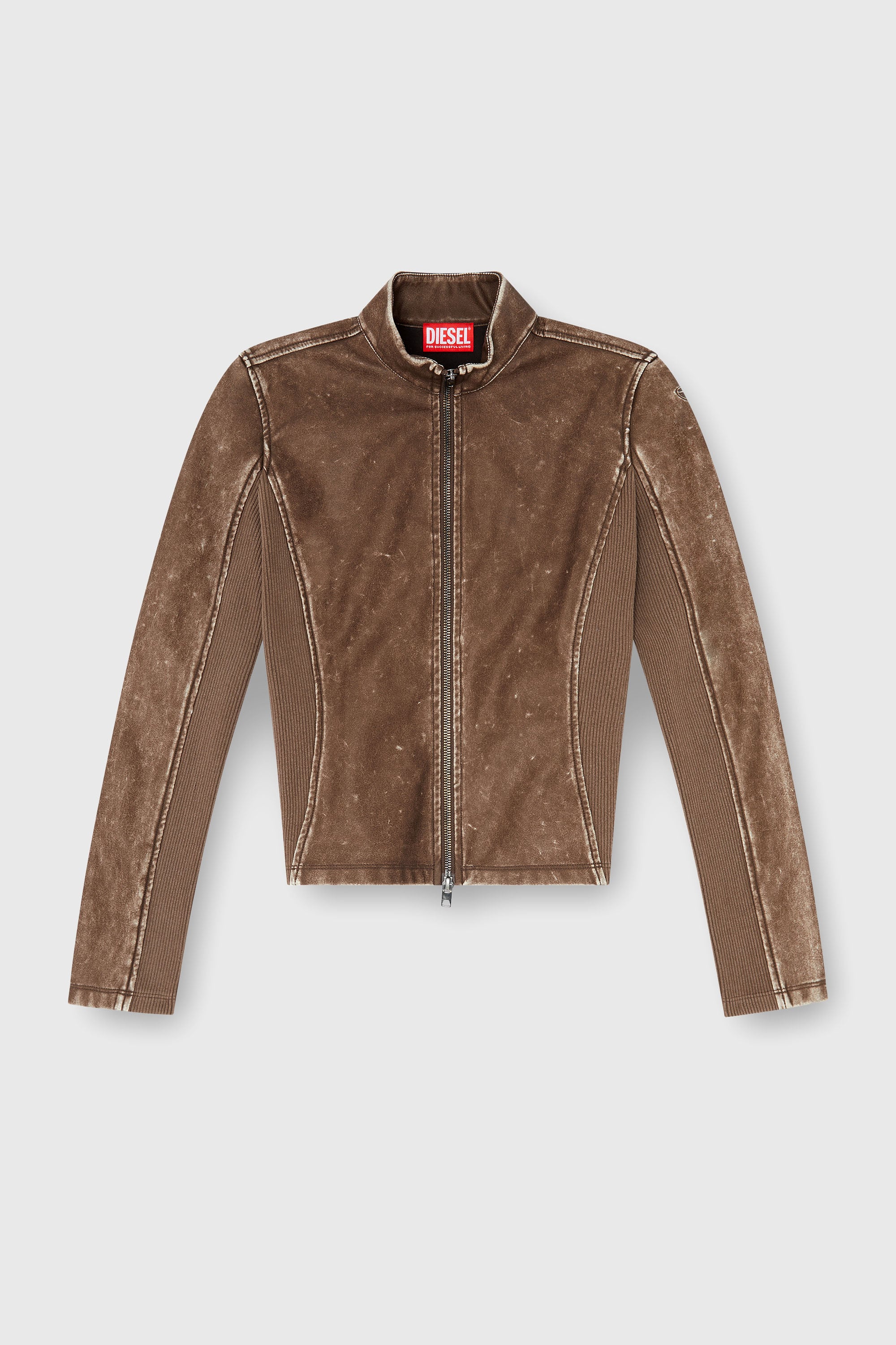 Diesel - T-HUNDER, Woman's Biker jacket with rib-knit inserts in Brown - 1