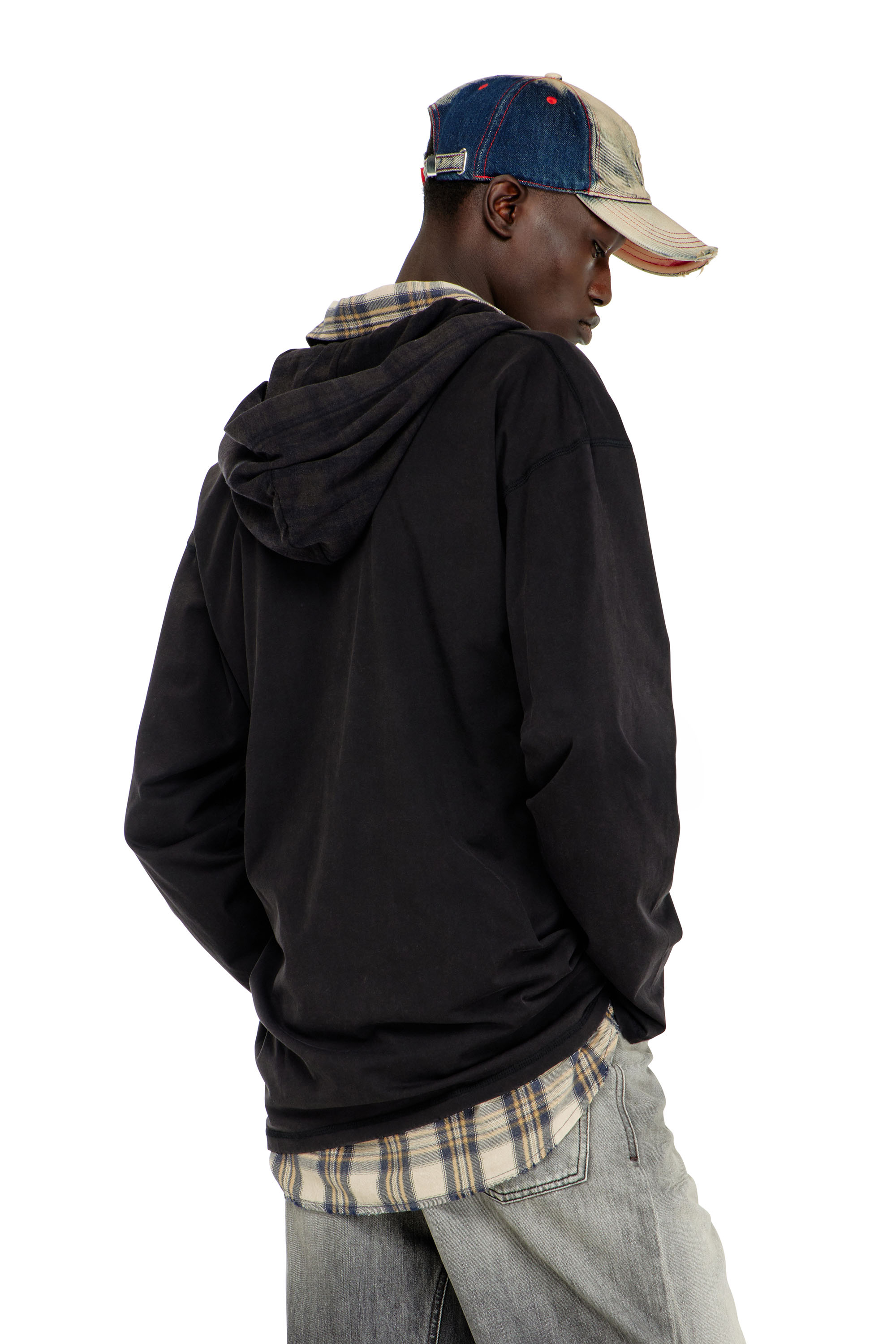 Diesel - T-BOXT-LS-HOOD-CHECK, Man's Long-sleeve T-shirt with flannel hood in Black - 4