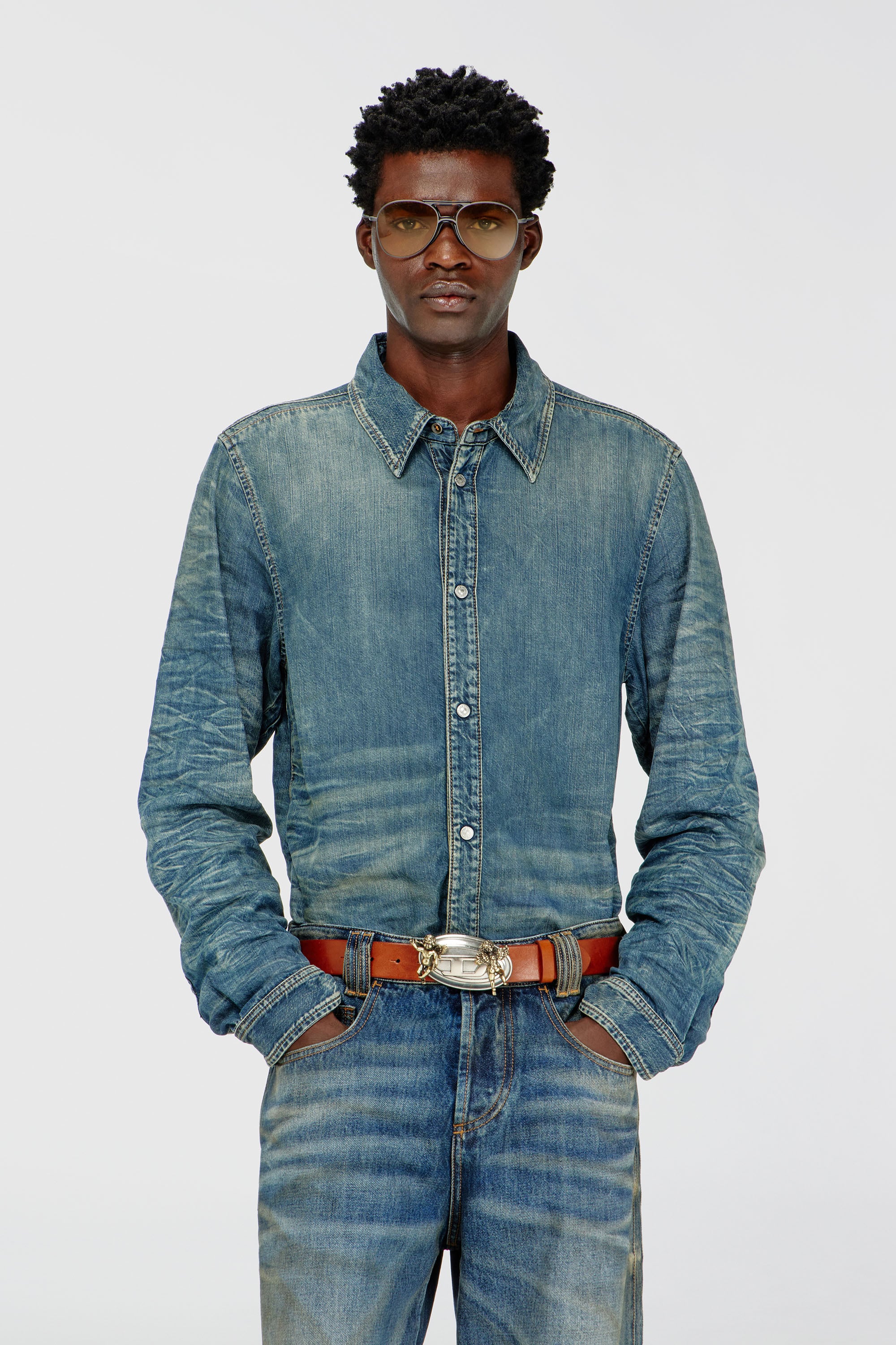 Diesel - D-SYNAR-FSJ4, Man's Shirt in dirty-effect creased denim in Medium blue - 1