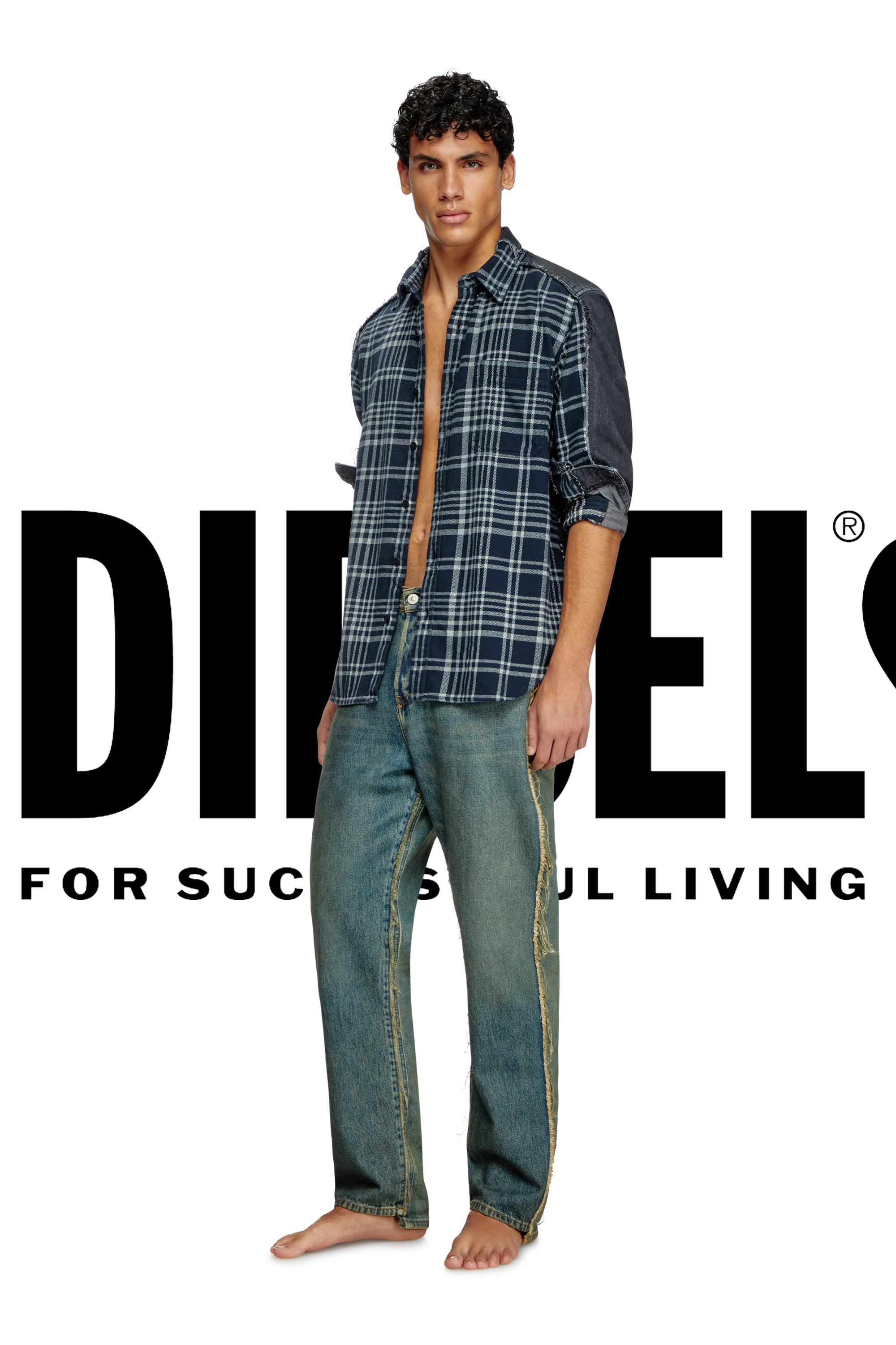 Diesel - Shirt Dieseloves 6B, Unisex's Overdyed check and denim shirt in Blue/Black - 3